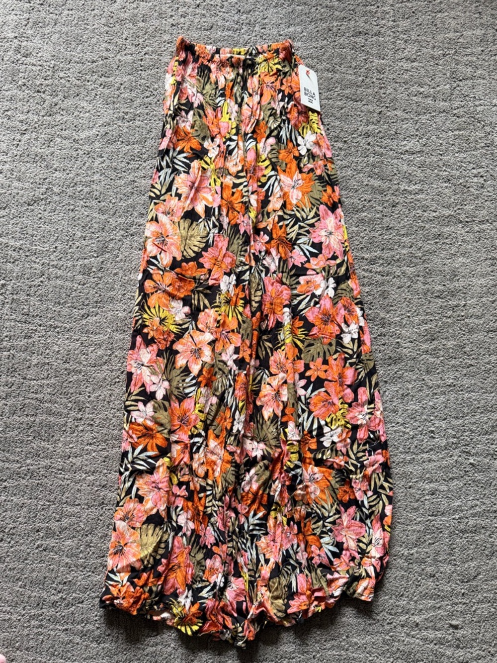 Billabong Black Floral Wide-Leg Pants with Orange and Pink Blooms